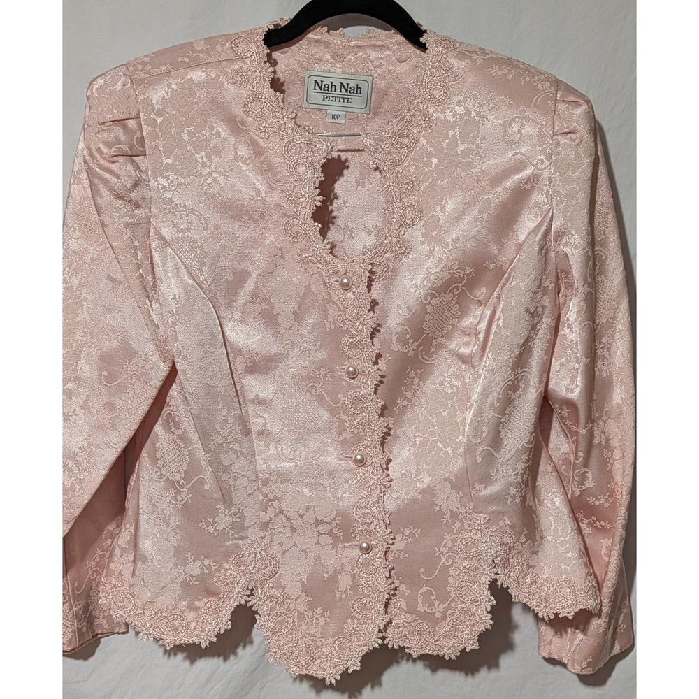 Vintage Nah Nah Petite 10P Blush Pink Brocade Lace Trim Pearl Button Jacket